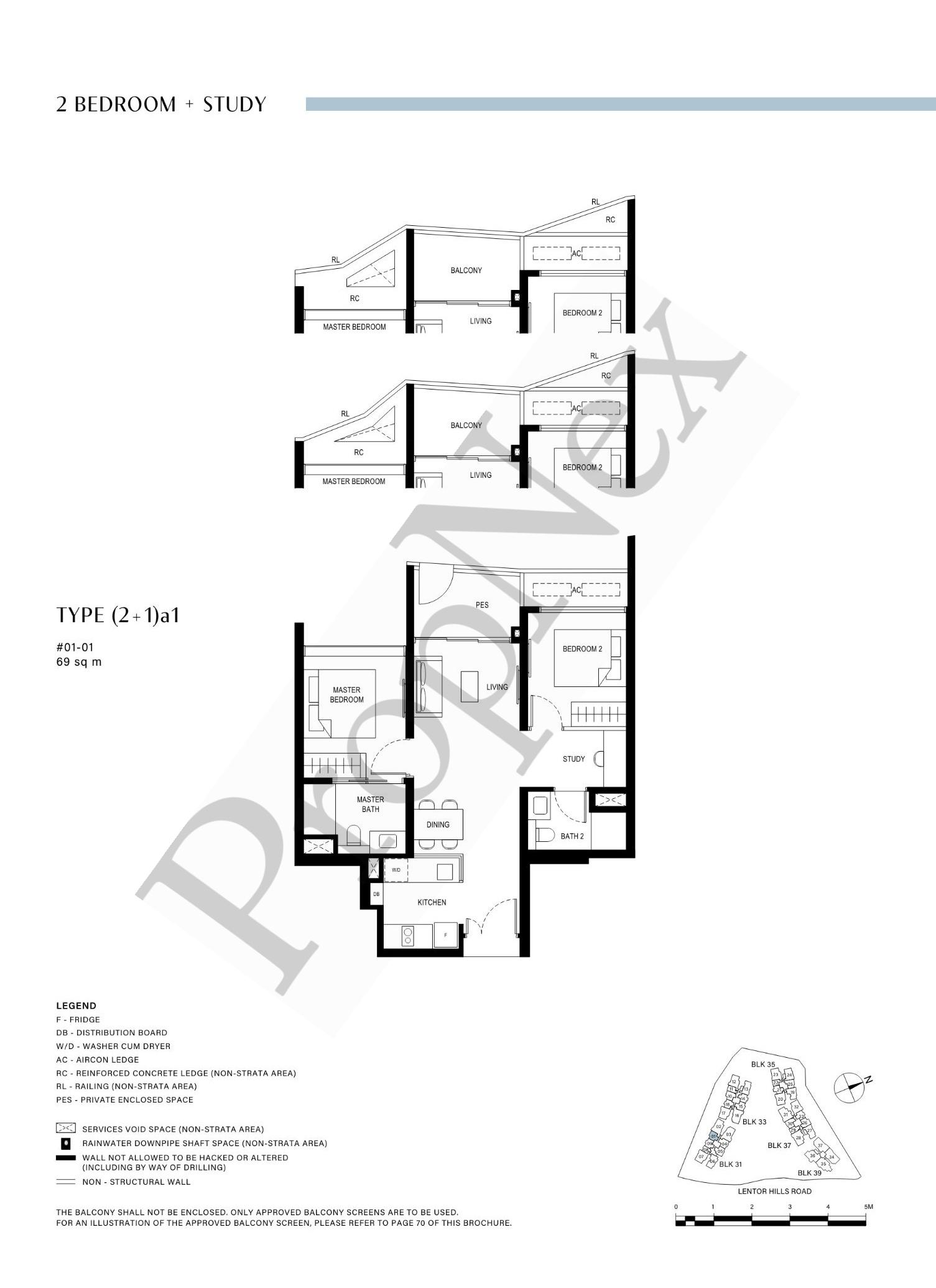 2 Bedroom + Study (2+1)a1 floor plan