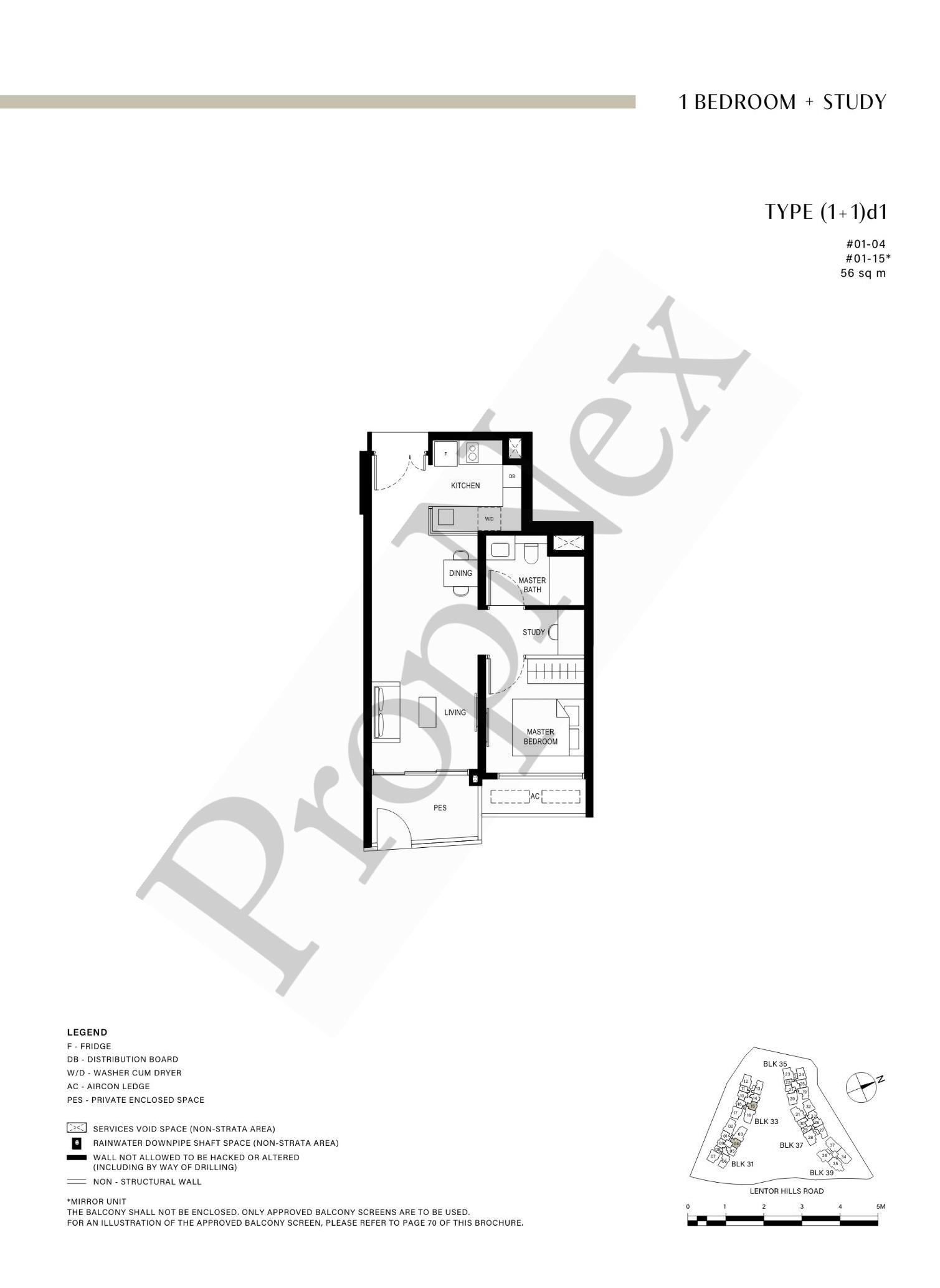 1 Bedroom + Study (1+1)d1 floor plan