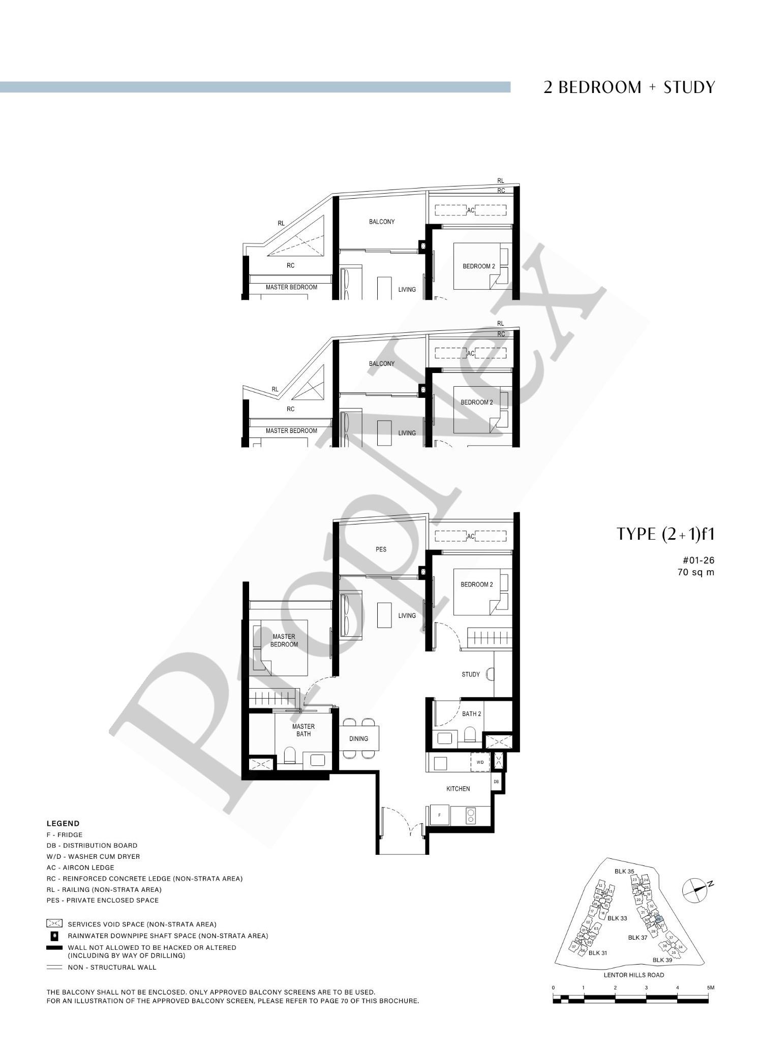 2 Bedroom + Study (2+1)f1 floor plan