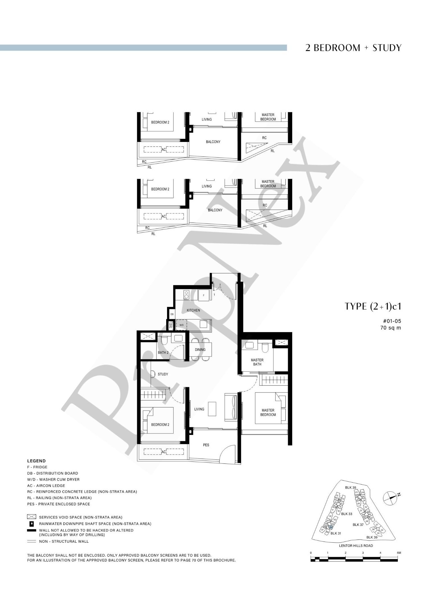 2 Bedroom + Study (2+1)c1 floor plan